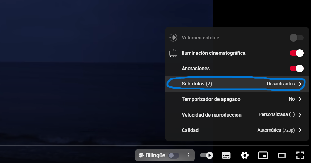 Activar subtítulos de youtube