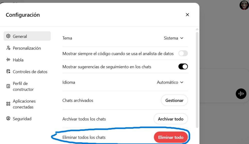 cómo eliminar todos los chats de chatgpt